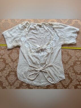 Light Ivory Sheer Tie-Front Boho Blouse- Converse - striping & floral embroidery